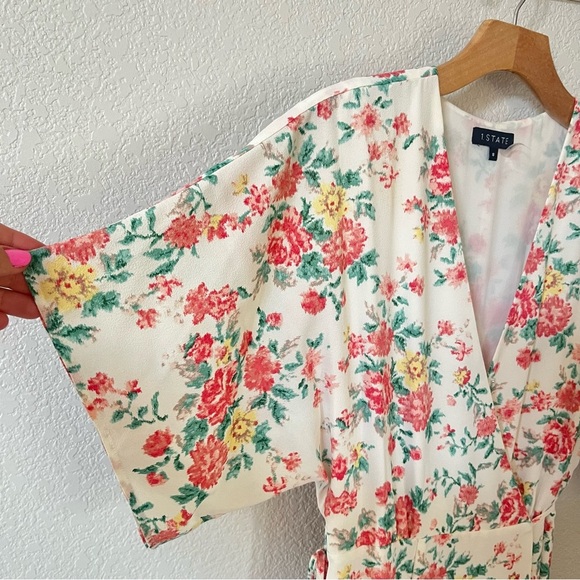1. State Cream Wrap Midi Dress Flutter Sleeve w/ Pink Yellow Green Floral Size 8 - Picture 5 of 12
